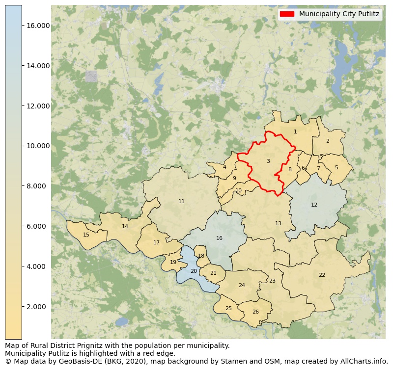 Map of Rural district Prignitz with the population per municipality.Municipality Putlitz is highlighted with a red edge.. This page shows a lot of information about residents (such as the distribution by age groups, family composition, gender, native or German with an immigration background, ...), homes (numbers, types, price development, use, type of property, ...) and more (car ownership, energy consumption, ...) based on open data from the German Federal Agency for Cartography, the Federal Statistical Office (DESTATIS), the Regional Statistical Offices and various other sources!