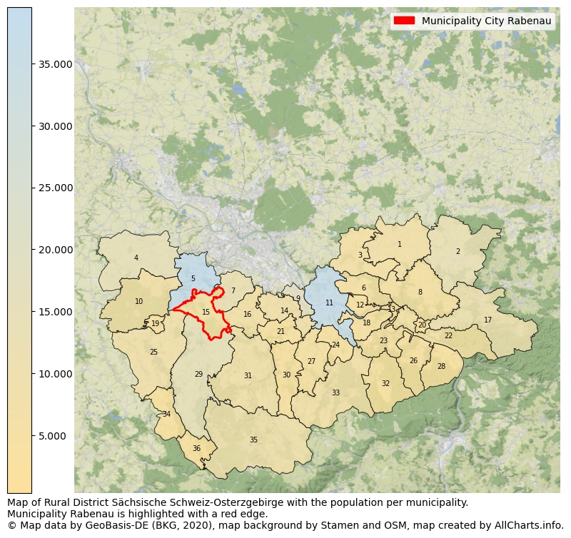 Map of Rural district Sächsische Schweiz-Osterzgebirge with the population per municipality.Municipality Rabenau is highlighted with a red edge.. This page shows a lot of information about residents (such as the distribution by age groups, family composition, gender, native or German with an immigration background, ...), homes (numbers, types, price development, use, type of property, ...) and more (car ownership, energy consumption, ...) based on open data from the German Federal Agency for Cartography, the Federal Statistical Office (DESTATIS), the Regional Statistical Offices and various other sources!