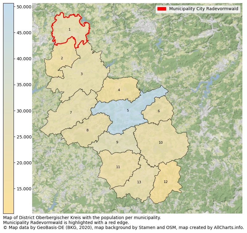 Map of District Oberbergischer Kreis with the population per municipality.Municipality Radevormwald is highlighted with a red edge.. This page shows a lot of information about residents (such as the distribution by age groups, family composition, gender, native or German with an immigration background, ...), homes (numbers, types, price development, use, type of property, ...) and more (car ownership, energy consumption, ...) based on open data from the German Federal Agency for Cartography, the Federal Statistical Office (DESTATIS), the Regional Statistical Offices and various other sources!