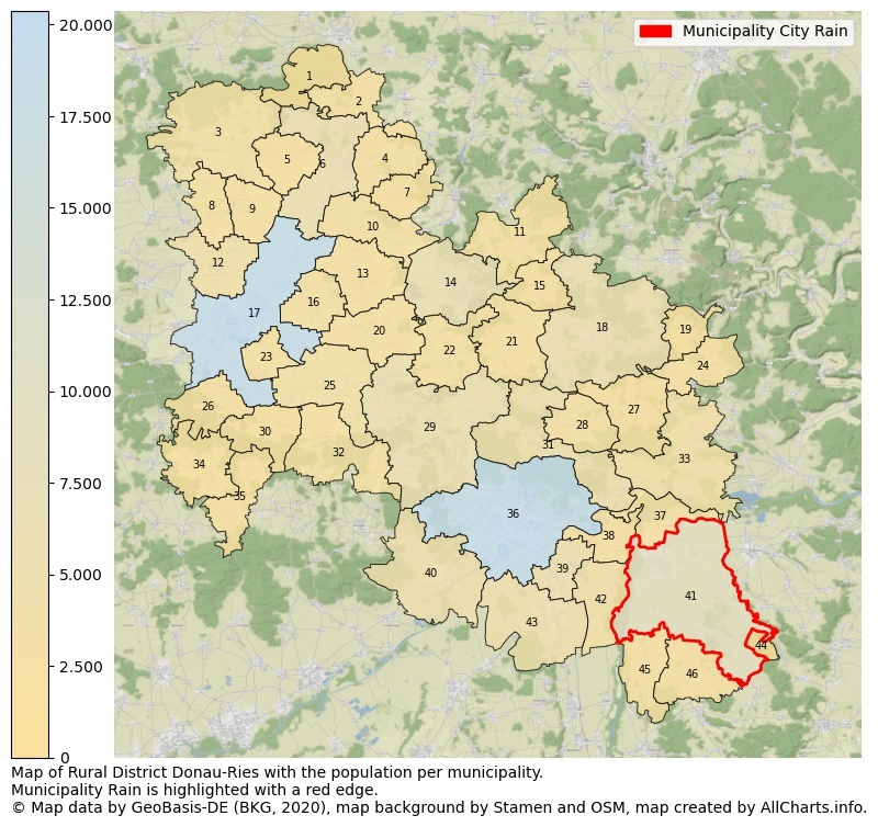 Map of Rural district Donau-Ries with the population per municipality.Municipality Rain is highlighted with a red edge.. This page shows a lot of information about residents (such as the distribution by age groups, family composition, gender, native or German with an immigration background, ...), homes (numbers, types, price development, use, type of property, ...) and more (car ownership, energy consumption, ...) based on open data from the German Federal Agency for Cartography, the Federal Statistical Office (DESTATIS), the Regional Statistical Offices and various other sources!