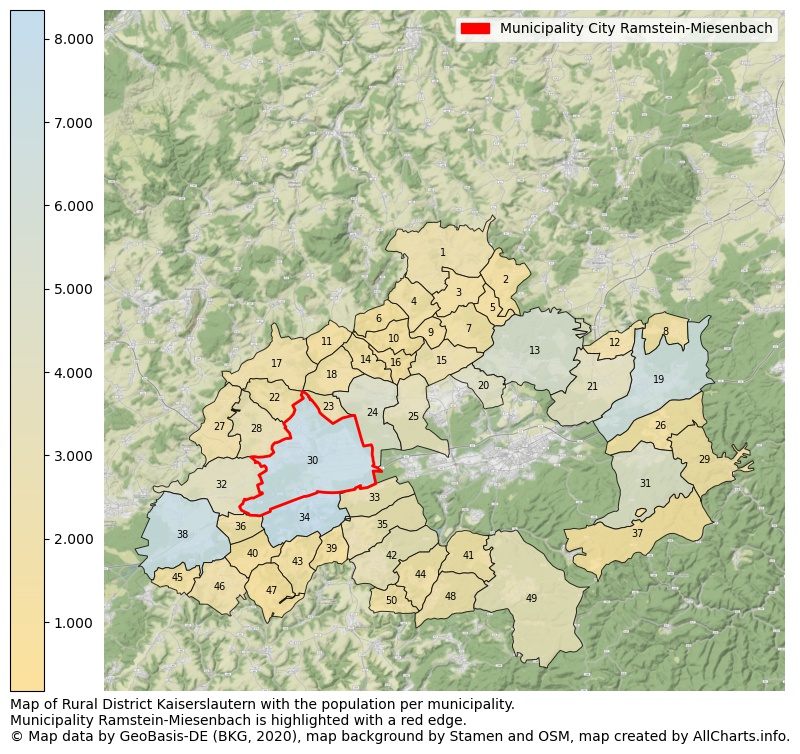 Map of Rural district Kaiserslautern with the population per municipality.Municipality Ramstein-Miesenbach is highlighted with a red edge.. This page shows a lot of information about residents (such as the distribution by age groups, family composition, gender, native or German with an immigration background, ...), homes (numbers, types, price development, use, type of property, ...) and more (car ownership, energy consumption, ...) based on open data from the German Federal Agency for Cartography, the Federal Statistical Office (DESTATIS), the Regional Statistical Offices and various other sources!