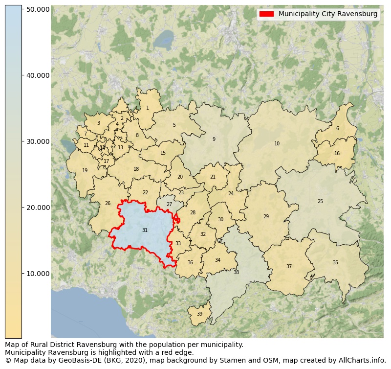 Map of Rural district Ravensburg with the population per municipality.Municipality Ravensburg is highlighted with a red edge.. This page shows a lot of information about residents (such as the distribution by age groups, family composition, gender, native or German with an immigration background, ...), homes (numbers, types, price development, use, type of property, ...) and more (car ownership, energy consumption, ...) based on open data from the German Federal Agency for Cartography, the Federal Statistical Office (DESTATIS), the Regional Statistical Offices and various other sources!