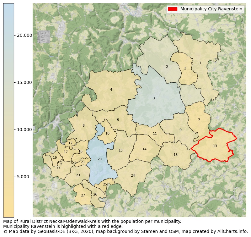 Map of Rural district Neckar-Odenwald-Kreis with the population per municipality.Municipality Ravenstein is highlighted with a red edge.. This page shows a lot of information about residents (such as the distribution by age groups, family composition, gender, native or German with an immigration background, ...), homes (numbers, types, price development, use, type of property, ...) and more (car ownership, energy consumption, ...) based on open data from the German Federal Agency for Cartography, the Federal Statistical Office (DESTATIS), the Regional Statistical Offices and various other sources!