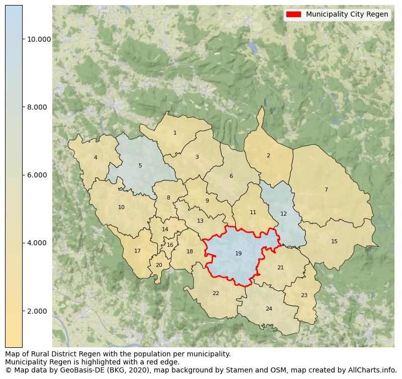 Map of Rural district Regen with the population per municipality.Municipality Regen is highlighted with a red edge.. This page shows a lot of information about residents (such as the distribution by age groups, family composition, gender, native or German with an immigration background, ...), homes (numbers, types, price development, use, type of property, ...) and more (car ownership, energy consumption, ...) based on open data from the German Federal Agency for Cartography, the Federal Statistical Office (DESTATIS), the Regional Statistical Offices and various other sources!