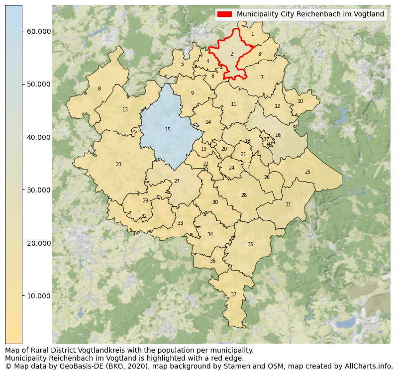 Map of Rural district Vogtlandkreis with the population per municipality.Municipality Reichenbach im Vogtland is highlighted with a red edge.. This page shows a lot of information about residents (such as the distribution by age groups, family composition, gender, native or German with an immigration background, ...), homes (numbers, types, price development, use, type of property, ...) and more (car ownership, energy consumption, ...) based on open data from the German Federal Agency for Cartography, the Federal Statistical Office (DESTATIS), the Regional Statistical Offices and various other sources!