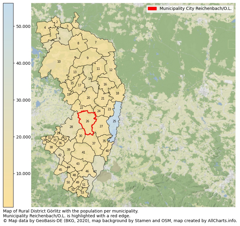 Map of Rural district Görlitz with the population per municipality.Municipality Reichenbach/O.L. is highlighted with a red edge.. This page shows a lot of information about residents (such as the distribution by age groups, family composition, gender, native or German with an immigration background, ...), homes (numbers, types, price development, use, type of property, ...) and more (car ownership, energy consumption, ...) based on open data from the German Federal Agency for Cartography, the Federal Statistical Office (DESTATIS), the Regional Statistical Offices and various other sources!