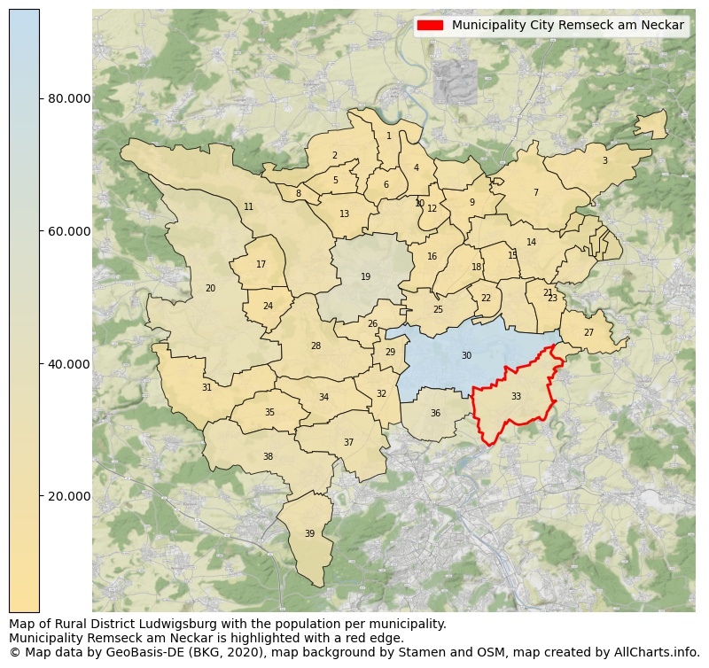 Map of Rural district Ludwigsburg with the population per municipality.Municipality Remseck am Neckar is highlighted with a red edge.. This page shows a lot of information about residents (such as the distribution by age groups, family composition, gender, native or German with an immigration background, ...), homes (numbers, types, price development, use, type of property, ...) and more (car ownership, energy consumption, ...) based on open data from the German Federal Agency for Cartography, the Federal Statistical Office (DESTATIS), the Regional Statistical Offices and various other sources!