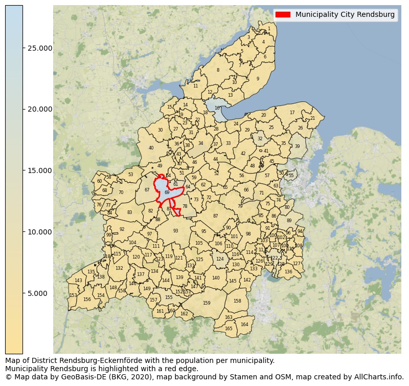 Map of District Rendsburg-Eckernförde with the population per municipality.Municipality Rendsburg is highlighted with a red edge.. This page shows a lot of information about residents (such as the distribution by age groups, family composition, gender, native or German with an immigration background, ...), homes (numbers, types, price development, use, type of property, ...) and more (car ownership, energy consumption, ...) based on open data from the German Federal Agency for Cartography, the Federal Statistical Office (DESTATIS), the Regional Statistical Offices and various other sources!