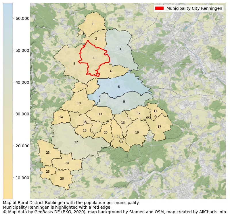 Map of Rural district Böblingen with the population per municipality.Municipality Renningen is highlighted with a red edge.. This page shows a lot of information about residents (such as the distribution by age groups, family composition, gender, native or German with an immigration background, ...), homes (numbers, types, price development, use, type of property, ...) and more (car ownership, energy consumption, ...) based on open data from the German Federal Agency for Cartography, the Federal Statistical Office (DESTATIS), the Regional Statistical Offices and various other sources!