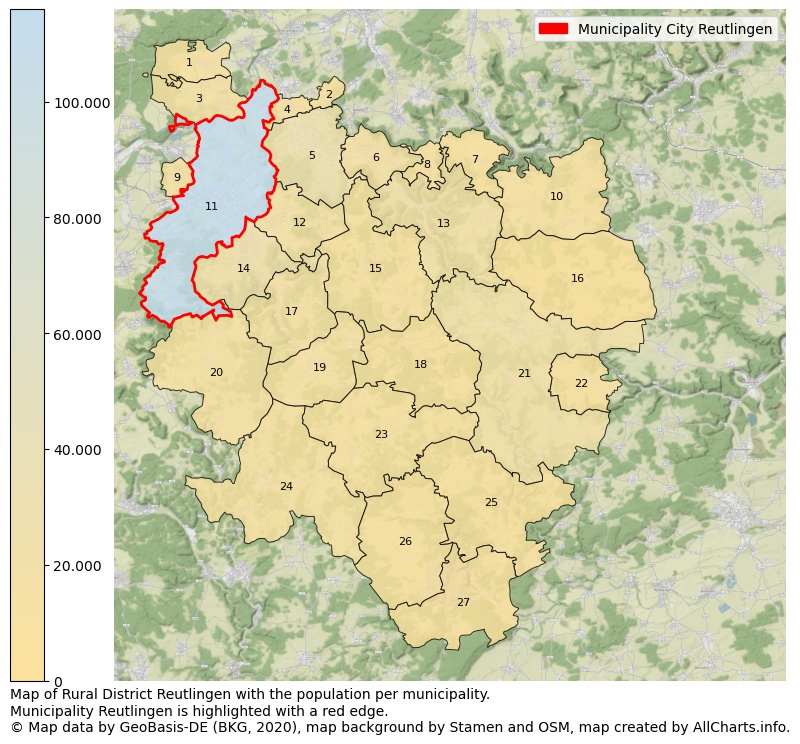 Map of Rural district Reutlingen with the population per municipality.Municipality Reutlingen is highlighted with a red edge.. This page shows a lot of information about residents (such as the distribution by age groups, family composition, gender, native or German with an immigration background, ...), homes (numbers, types, price development, use, type of property, ...) and more (car ownership, energy consumption, ...) based on open data from the German Federal Agency for Cartography, the Federal Statistical Office (DESTATIS), the Regional Statistical Offices and various other sources!