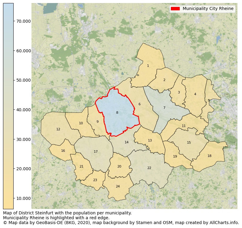 Map of District Steinfurt with the population per municipality.Municipality Rheine is highlighted with a red edge.. This page shows a lot of information about residents (such as the distribution by age groups, family composition, gender, native or German with an immigration background, ...), homes (numbers, types, price development, use, type of property, ...) and more (car ownership, energy consumption, ...) based on open data from the German Federal Agency for Cartography, the Federal Statistical Office (DESTATIS), the Regional Statistical Offices and various other sources!