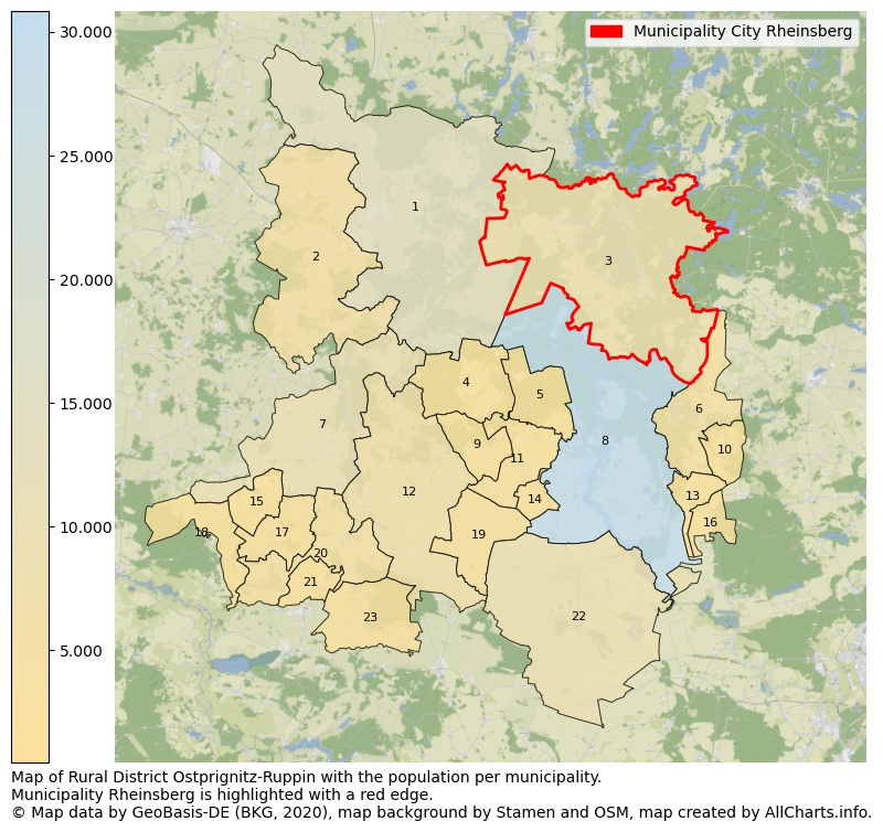 Map of Rural district Ostprignitz-Ruppin with the population per municipality.Municipality Rheinsberg is highlighted with a red edge.. This page shows a lot of information about residents (such as the distribution by age groups, family composition, gender, native or German with an immigration background, ...), homes (numbers, types, price development, use, type of property, ...) and more (car ownership, energy consumption, ...) based on open data from the German Federal Agency for Cartography, the Federal Statistical Office (DESTATIS), the Regional Statistical Offices and various other sources!