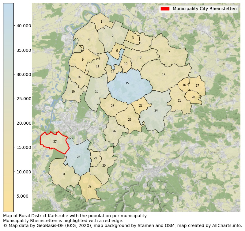 Map of Rural district Karlsruhe with the population per municipality.Municipality Rheinstetten is highlighted with a red edge.. This page shows a lot of information about residents (such as the distribution by age groups, family composition, gender, native or German with an immigration background, ...), homes (numbers, types, price development, use, type of property, ...) and more (car ownership, energy consumption, ...) based on open data from the German Federal Agency for Cartography, the Federal Statistical Office (DESTATIS), the Regional Statistical Offices and various other sources!