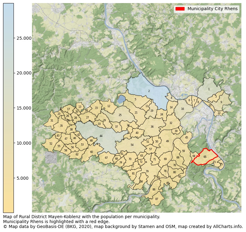 Map of Rural district Mayen-Koblenz with the population per municipality.Municipality Rhens is highlighted with a red edge.. This page shows a lot of information about residents (such as the distribution by age groups, family composition, gender, native or German with an immigration background, ...), homes (numbers, types, price development, use, type of property, ...) and more (car ownership, energy consumption, ...) based on open data from the German Federal Agency for Cartography, the Federal Statistical Office (DESTATIS), the Regional Statistical Offices and various other sources!