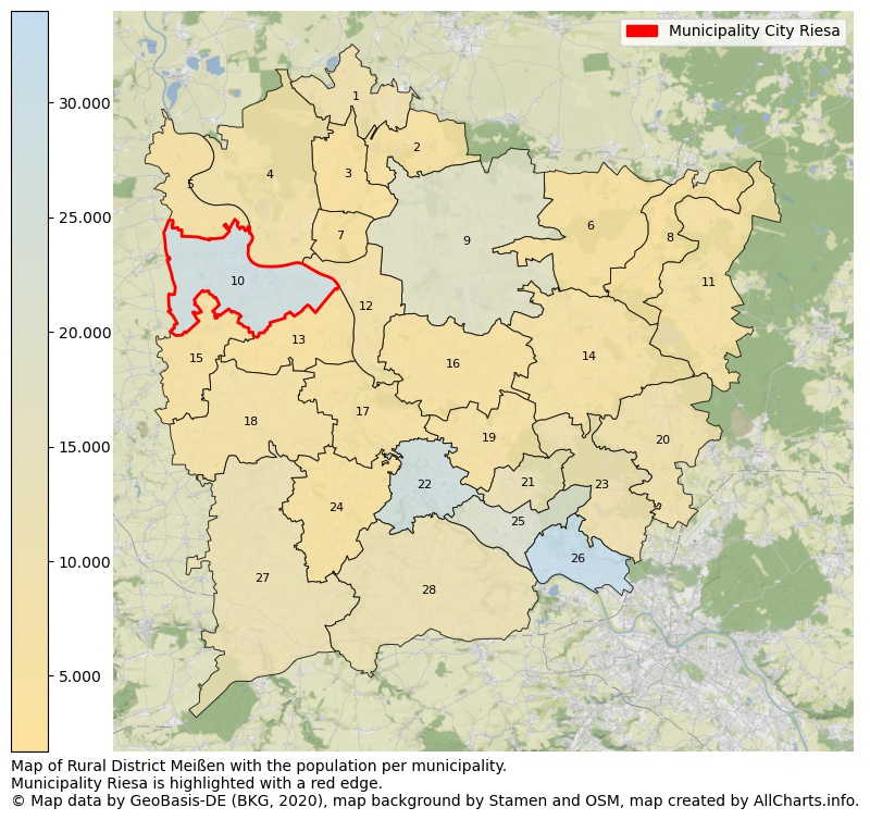 Map of Rural district Meißen with the population per municipality.Municipality Riesa is highlighted with a red edge.. This page shows a lot of information about residents (such as the distribution by age groups, family composition, gender, native or German with an immigration background, ...), homes (numbers, types, price development, use, type of property, ...) and more (car ownership, energy consumption, ...) based on open data from the German Federal Agency for Cartography, the Federal Statistical Office (DESTATIS), the Regional Statistical Offices and various other sources!