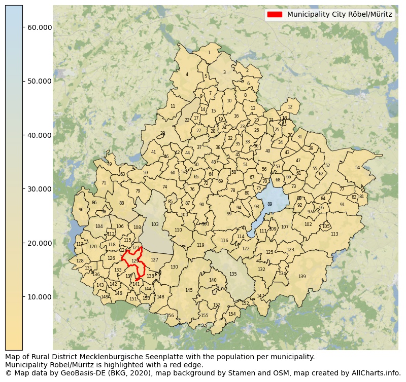 Map of Rural district Mecklenburgische Seenplatte with the population per municipality.Municipality Röbel/Müritz is highlighted with a red edge.. This page shows a lot of information about residents (such as the distribution by age groups, family composition, gender, native or German with an immigration background, ...), homes (numbers, types, price development, use, type of property, ...) and more (car ownership, energy consumption, ...) based on open data from the German Federal Agency for Cartography, the Federal Statistical Office (DESTATIS), the Regional Statistical Offices and various other sources!