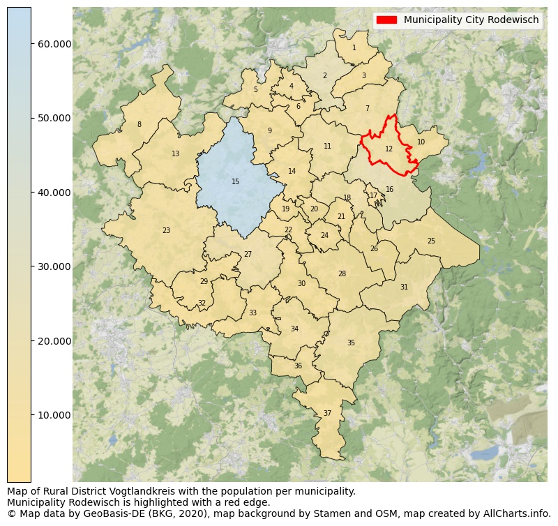 Map of Rural district Vogtlandkreis with the population per municipality.Municipality Rodewisch is highlighted with a red edge.. This page shows a lot of information about residents (such as the distribution by age groups, family composition, gender, native or German with an immigration background, ...), homes (numbers, types, price development, use, type of property, ...) and more (car ownership, energy consumption, ...) based on open data from the German Federal Agency for Cartography, the Federal Statistical Office (DESTATIS), the Regional Statistical Offices and various other sources!