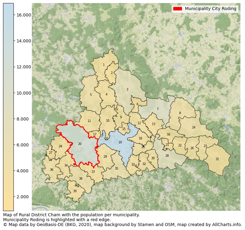 Map of Rural district Cham with the population per municipality.Municipality Roding is highlighted with a red edge.. This page shows a lot of information about residents (such as the distribution by age groups, family composition, gender, native or German with an immigration background, ...), homes (numbers, types, price development, use, type of property, ...) and more (car ownership, energy consumption, ...) based on open data from the German Federal Agency for Cartography, the Federal Statistical Office (DESTATIS), the Regional Statistical Offices and various other sources!