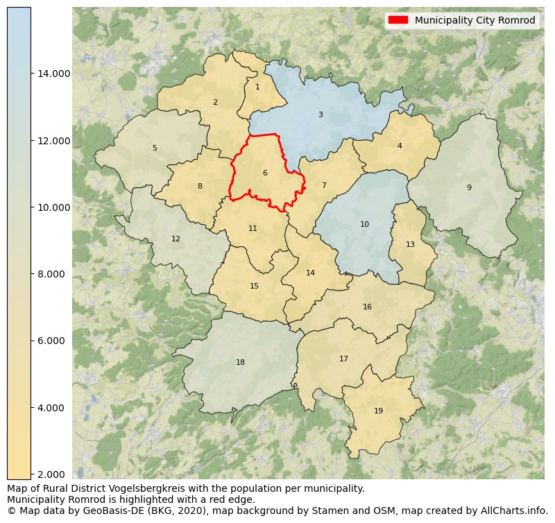 Map of Rural district Vogelsbergkreis with the population per municipality.Municipality Romrod is highlighted with a red edge.. This page shows a lot of information about residents (such as the distribution by age groups, family composition, gender, native or German with an immigration background, ...), homes (numbers, types, price development, use, type of property, ...) and more (car ownership, energy consumption, ...) based on open data from the German Federal Agency for Cartography, the Federal Statistical Office (DESTATIS), the Regional Statistical Offices and various other sources!