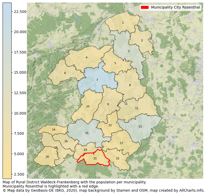Map of Rural district Waldeck-Frankenberg with the population per municipality.Municipality Rosenthal is highlighted with a red edge.. This page shows a lot of information about residents (such as the distribution by age groups, family composition, gender, native or German with an immigration background, ...), homes (numbers, types, price development, use, type of property, ...) and more (car ownership, energy consumption, ...) based on open data from the German Federal Agency for Cartography, the Federal Statistical Office (DESTATIS), the Regional Statistical Offices and various other sources!