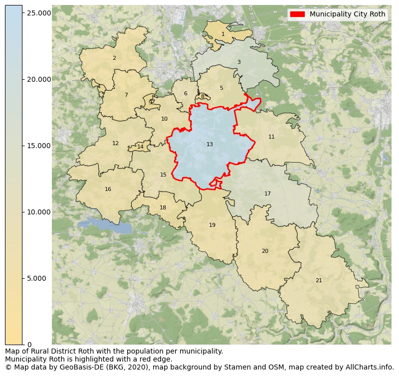 Map of Rural district Roth with the population per municipality.Municipality Roth is highlighted with a red edge.. This page shows a lot of information about residents (such as the distribution by age groups, family composition, gender, native or German with an immigration background, ...), homes (numbers, types, price development, use, type of property, ...) and more (car ownership, energy consumption, ...) based on open data from the German Federal Agency for Cartography, the Federal Statistical Office (DESTATIS), the Regional Statistical Offices and various other sources!