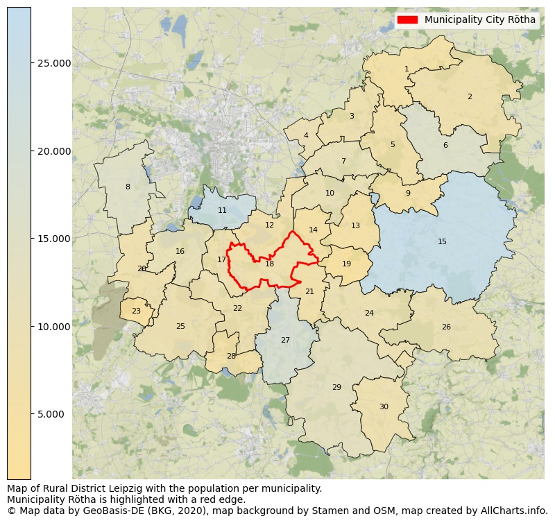 Map of Rural district Leipzig with the population per municipality.Municipality Rötha is highlighted with a red edge.. This page shows a lot of information about residents (such as the distribution by age groups, family composition, gender, native or German with an immigration background, ...), homes (numbers, types, price development, use, type of property, ...) and more (car ownership, energy consumption, ...) based on open data from the German Federal Agency for Cartography, the Federal Statistical Office (DESTATIS), the Regional Statistical Offices and various other sources!