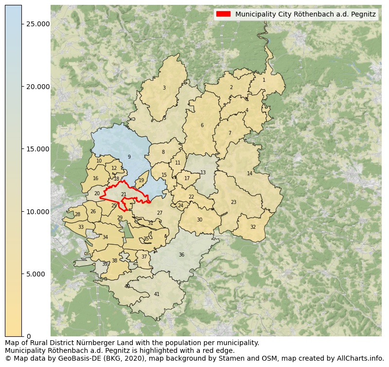 Map of Rural district Nürnberger Land with the population per municipality.Municipality Röthenbach a.d. Pegnitz is highlighted with a red edge.. This page shows a lot of information about residents (such as the distribution by age groups, family composition, gender, native or German with an immigration background, ...), homes (numbers, types, price development, use, type of property, ...) and more (car ownership, energy consumption, ...) based on open data from the German Federal Agency for Cartography, the Federal Statistical Office (DESTATIS), the Regional Statistical Offices and various other sources!