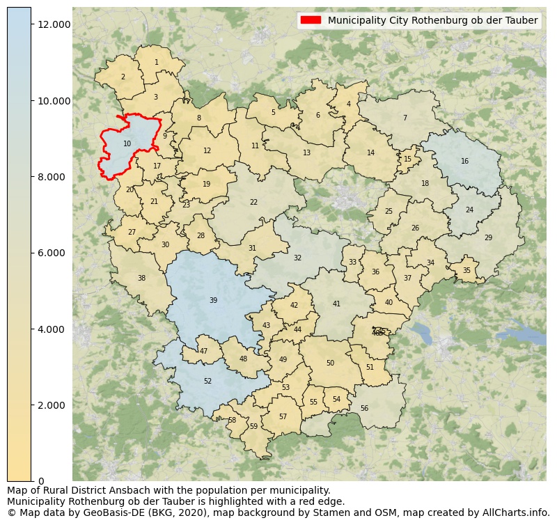 Map of Rural district Ansbach with the population per municipality.Municipality Rothenburg ob der Tauber is highlighted with a red edge.. This page shows a lot of information about residents (such as the distribution by age groups, family composition, gender, native or German with an immigration background, ...), homes (numbers, types, price development, use, type of property, ...) and more (car ownership, energy consumption, ...) based on open data from the German Federal Agency for Cartography, the Federal Statistical Office (DESTATIS), the Regional Statistical Offices and various other sources!