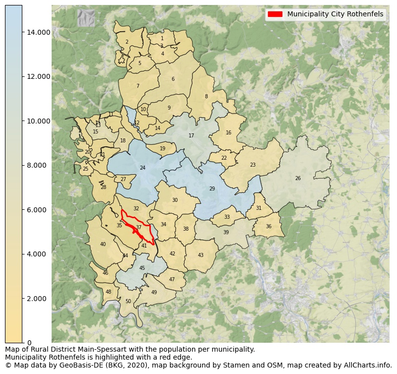 Map of Rural district Main-Spessart with the population per municipality.Municipality Rothenfels is highlighted with a red edge.. This page shows a lot of information about residents (such as the distribution by age groups, family composition, gender, native or German with an immigration background, ...), homes (numbers, types, price development, use, type of property, ...) and more (car ownership, energy consumption, ...) based on open data from the German Federal Agency for Cartography, the Federal Statistical Office (DESTATIS), the Regional Statistical Offices and various other sources!