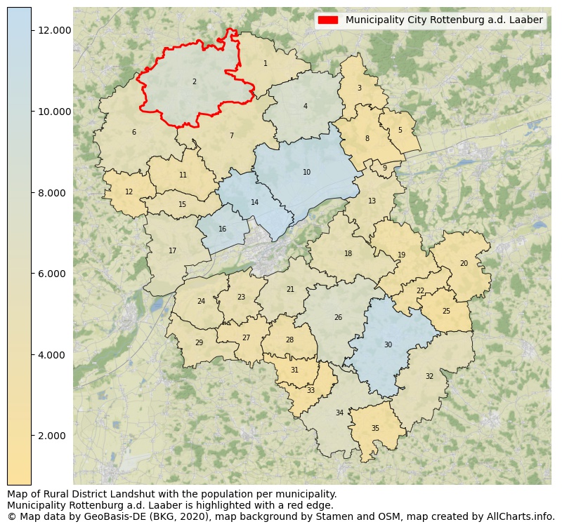 Map of Rural district Landshut with the population per municipality.Municipality Rottenburg a.d. Laaber is highlighted with a red edge.. This page shows a lot of information about residents (such as the distribution by age groups, family composition, gender, native or German with an immigration background, ...), homes (numbers, types, price development, use, type of property, ...) and more (car ownership, energy consumption, ...) based on open data from the German Federal Agency for Cartography, the Federal Statistical Office (DESTATIS), the Regional Statistical Offices and various other sources!