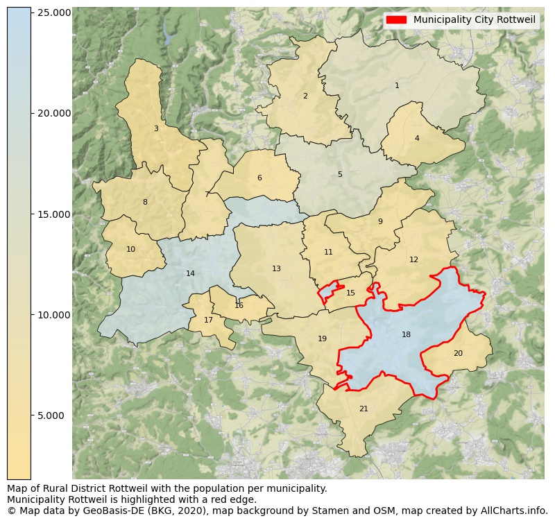Map of Rural district Rottweil with the population per municipality.Municipality Rottweil is highlighted with a red edge.. This page shows a lot of information about residents (such as the distribution by age groups, family composition, gender, native or German with an immigration background, ...), homes (numbers, types, price development, use, type of property, ...) and more (car ownership, energy consumption, ...) based on open data from the German Federal Agency for Cartography, the Federal Statistical Office (DESTATIS), the Regional Statistical Offices and various other sources!