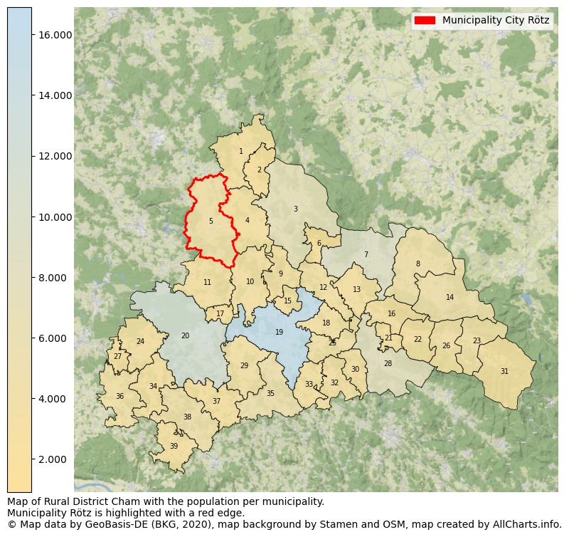 Map of Rural district Cham with the population per municipality.Municipality Rötz is highlighted with a red edge.. This page shows a lot of information about residents (such as the distribution by age groups, family composition, gender, native or German with an immigration background, ...), homes (numbers, types, price development, use, type of property, ...) and more (car ownership, energy consumption, ...) based on open data from the German Federal Agency for Cartography, the Federal Statistical Office (DESTATIS), the Regional Statistical Offices and various other sources!