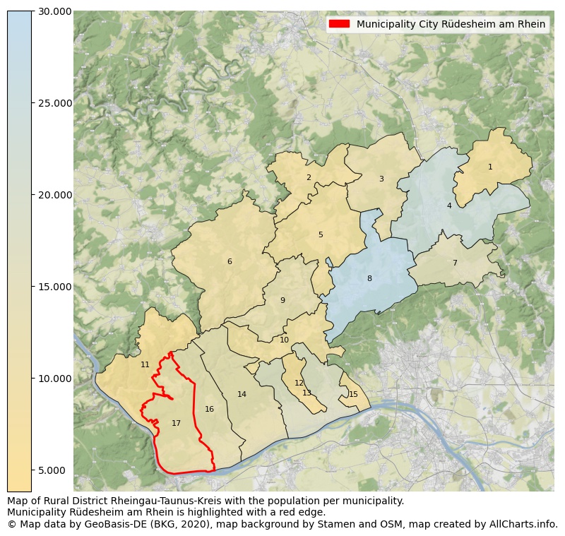 Map of Rural district Rheingau-Taunus-Kreis with the population per municipality.Municipality Rüdesheim am Rhein is highlighted with a red edge.. This page shows a lot of information about residents (such as the distribution by age groups, family composition, gender, native or German with an immigration background, ...), homes (numbers, types, price development, use, type of property, ...) and more (car ownership, energy consumption, ...) based on open data from the German Federal Agency for Cartography, the Federal Statistical Office (DESTATIS), the Regional Statistical Offices and various other sources!