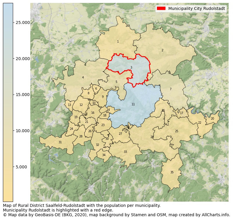 Map of Rural district Saalfeld-Rudolstadt with the population per municipality.Municipality Rudolstadt is highlighted with a red edge.. This page shows a lot of information about residents (such as the distribution by age groups, family composition, gender, native or German with an immigration background, ...), homes (numbers, types, price development, use, type of property, ...) and more (car ownership, energy consumption, ...) based on open data from the German Federal Agency for Cartography, the Federal Statistical Office (DESTATIS), the Regional Statistical Offices and various other sources!