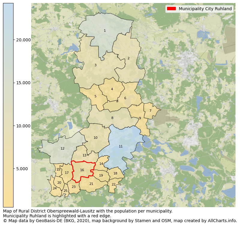 Map of Rural district Oberspreewald-Lausitz with the population per municipality.Municipality Ruhland is highlighted with a red edge.. This page shows a lot of information about residents (such as the distribution by age groups, family composition, gender, native or German with an immigration background, ...), homes (numbers, types, price development, use, type of property, ...) and more (car ownership, energy consumption, ...) based on open data from the German Federal Agency for Cartography, the Federal Statistical Office (DESTATIS), the Regional Statistical Offices and various other sources!