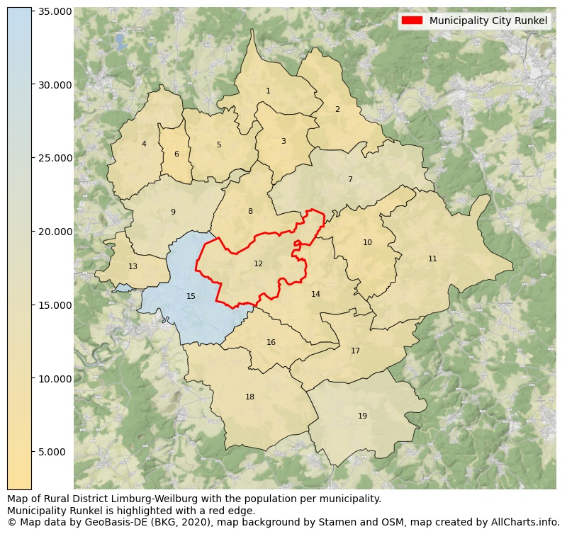 Map of Rural district Limburg-Weilburg with the population per municipality.Municipality Runkel is highlighted with a red edge.. This page shows a lot of information about residents (such as the distribution by age groups, family composition, gender, native or German with an immigration background, ...), homes (numbers, types, price development, use, type of property, ...) and more (car ownership, energy consumption, ...) based on open data from the German Federal Agency for Cartography, the Federal Statistical Office (DESTATIS), the Regional Statistical Offices and various other sources!