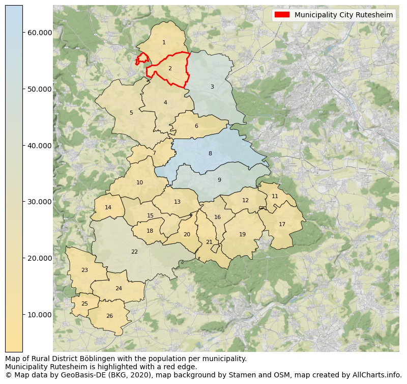 Map of Rural district Böblingen with the population per municipality.Municipality Rutesheim is highlighted with a red edge.. This page shows a lot of information about residents (such as the distribution by age groups, family composition, gender, native or German with an immigration background, ...), homes (numbers, types, price development, use, type of property, ...) and more (car ownership, energy consumption, ...) based on open data from the German Federal Agency for Cartography, the Federal Statistical Office (DESTATIS), the Regional Statistical Offices and various other sources!
