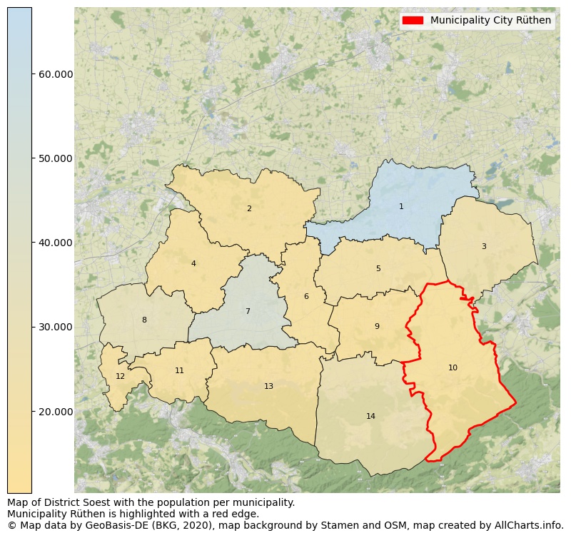 Map of District Soest with the population per municipality.Municipality Rüthen is highlighted with a red edge.. This page shows a lot of information about residents (such as the distribution by age groups, family composition, gender, native or German with an immigration background, ...), homes (numbers, types, price development, use, type of property, ...) and more (car ownership, energy consumption, ...) based on open data from the German Federal Agency for Cartography, the Federal Statistical Office (DESTATIS), the Regional Statistical Offices and various other sources!