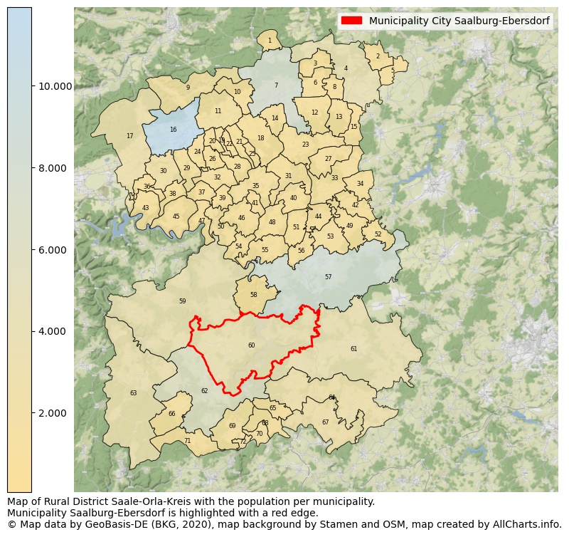 Map of Rural district Saale-Orla-Kreis with the population per municipality.Municipality Saalburg-Ebersdorf is highlighted with a red edge.. This page shows a lot of information about residents (such as the distribution by age groups, family composition, gender, native or German with an immigration background, ...), homes (numbers, types, price development, use, type of property, ...) and more (car ownership, energy consumption, ...) based on open data from the German Federal Agency for Cartography, the Federal Statistical Office (DESTATIS), the Regional Statistical Offices and various other sources!