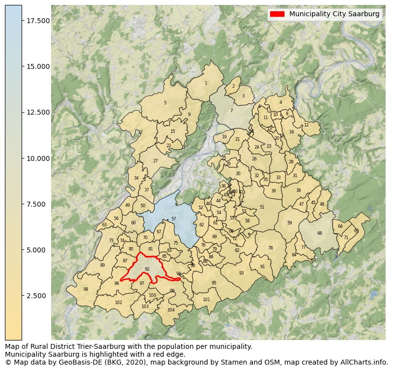Map of Rural district Trier-Saarburg with the population per municipality.Municipality Saarburg is highlighted with a red edge.. This page shows a lot of information about residents (such as the distribution by age groups, family composition, gender, native or German with an immigration background, ...), homes (numbers, types, price development, use, type of property, ...) and more (car ownership, energy consumption, ...) based on open data from the German Federal Agency for Cartography, the Federal Statistical Office (DESTATIS), the Regional Statistical Offices and various other sources!