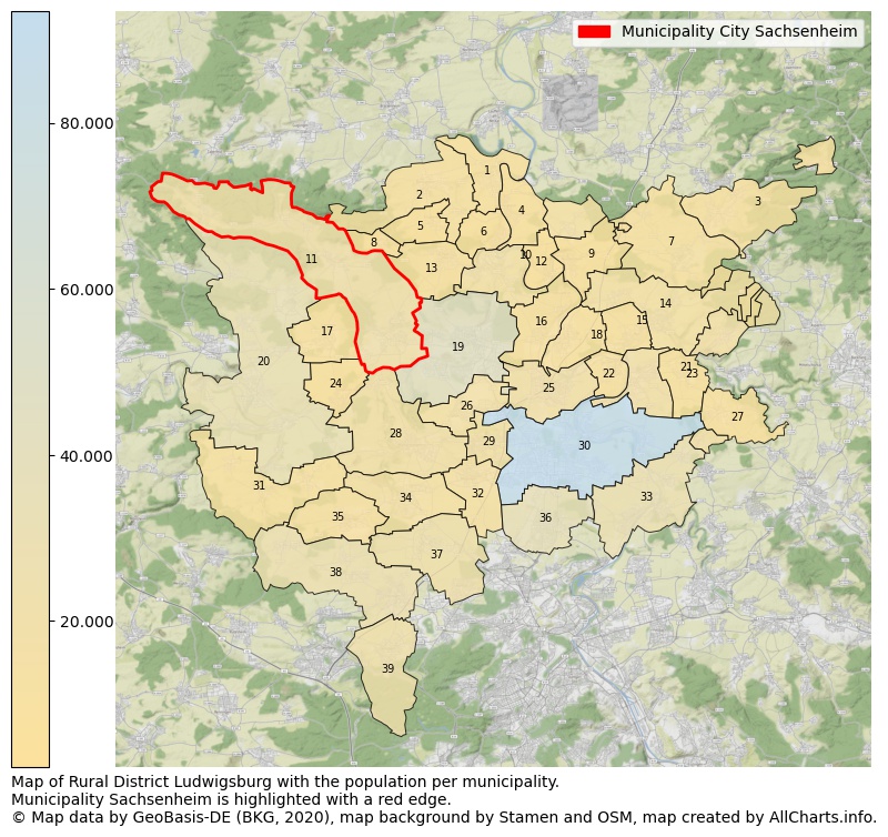 Map of Rural district Ludwigsburg with the population per municipality.Municipality Sachsenheim is highlighted with a red edge.. This page shows a lot of information about residents (such as the distribution by age groups, family composition, gender, native or German with an immigration background, ...), homes (numbers, types, price development, use, type of property, ...) and more (car ownership, energy consumption, ...) based on open data from the German Federal Agency for Cartography, the Federal Statistical Office (DESTATIS), the Regional Statistical Offices and various other sources!