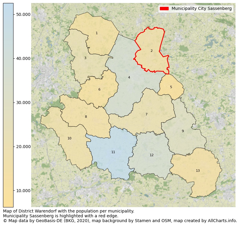 Map of District Warendorf with the population per municipality.Municipality Sassenberg is highlighted with a red edge.. This page shows a lot of information about residents (such as the distribution by age groups, family composition, gender, native or German with an immigration background, ...), homes (numbers, types, price development, use, type of property, ...) and more (car ownership, energy consumption, ...) based on open data from the German Federal Agency for Cartography, the Federal Statistical Office (DESTATIS), the Regional Statistical Offices and various other sources!