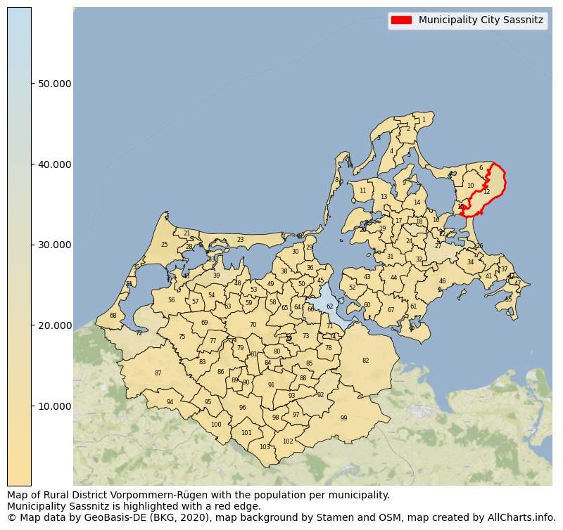 Map of Rural district Vorpommern-Rügen with the population per municipality.Municipality Sassnitz is highlighted with a red edge.. This page shows a lot of information about residents (such as the distribution by age groups, family composition, gender, native or German with an immigration background, ...), homes (numbers, types, price development, use, type of property, ...) and more (car ownership, energy consumption, ...) based on open data from the German Federal Agency for Cartography, the Federal Statistical Office (DESTATIS), the Regional Statistical Offices and various other sources!