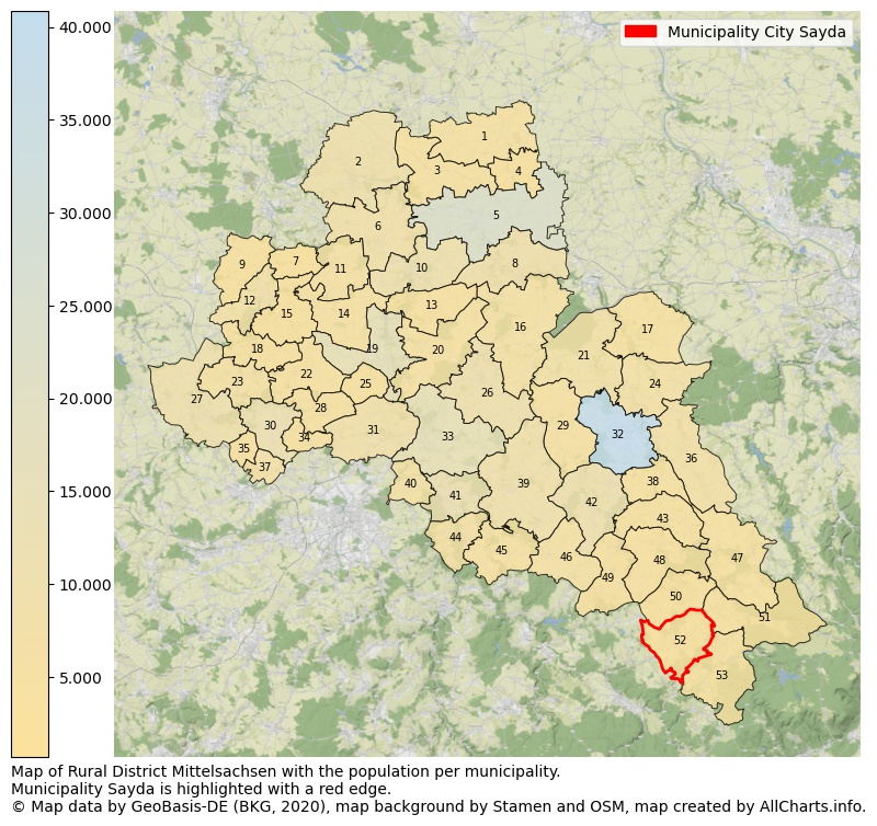 Map of Rural district Mittelsachsen with the population per municipality.Municipality Sayda is highlighted with a red edge.. This page shows a lot of information about residents (such as the distribution by age groups, family composition, gender, native or German with an immigration background, ...), homes (numbers, types, price development, use, type of property, ...) and more (car ownership, energy consumption, ...) based on open data from the German Federal Agency for Cartography, the Federal Statistical Office (DESTATIS), the Regional Statistical Offices and various other sources!