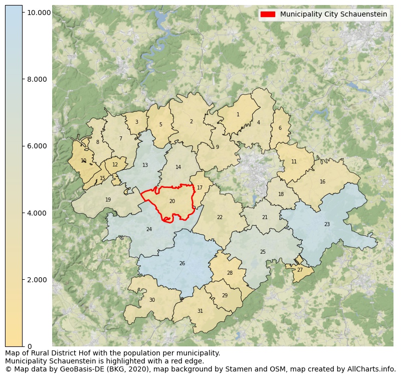 Map of Rural district Hof with the population per municipality.Municipality Schauenstein is highlighted with a red edge.. This page shows a lot of information about residents (such as the distribution by age groups, family composition, gender, native or German with an immigration background, ...), homes (numbers, types, price development, use, type of property, ...) and more (car ownership, energy consumption, ...) based on open data from the German Federal Agency for Cartography, the Federal Statistical Office (DESTATIS), the Regional Statistical Offices and various other sources!
