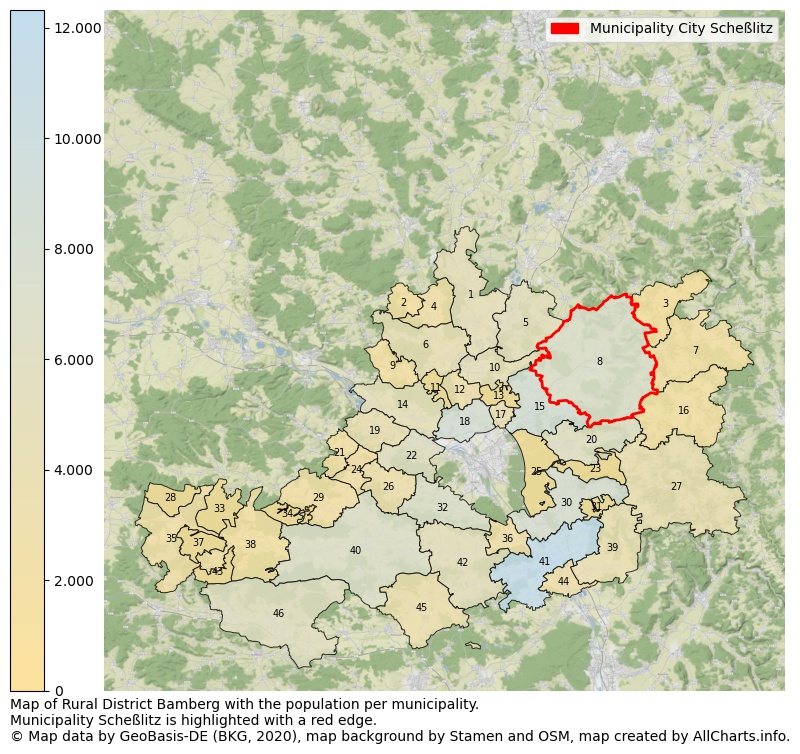Map of Rural district Bamberg with the population per municipality.Municipality Scheßlitz is highlighted with a red edge.. This page shows a lot of information about residents (such as the distribution by age groups, family composition, gender, native or German with an immigration background, ...), homes (numbers, types, price development, use, type of property, ...) and more (car ownership, energy consumption, ...) based on open data from the German Federal Agency for Cartography, the Federal Statistical Office (DESTATIS), the Regional Statistical Offices and various other sources!