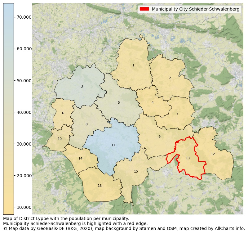 Map of District Lyppe with the population per municipality.Municipality Schieder-Schwalenberg is highlighted with a red edge.. This page shows a lot of information about residents (such as the distribution by age groups, family composition, gender, native or German with an immigration background, ...), homes (numbers, types, price development, use, type of property, ...) and more (car ownership, energy consumption, ...) based on open data from the German Federal Agency for Cartography, the Federal Statistical Office (DESTATIS), the Regional Statistical Offices and various other sources!