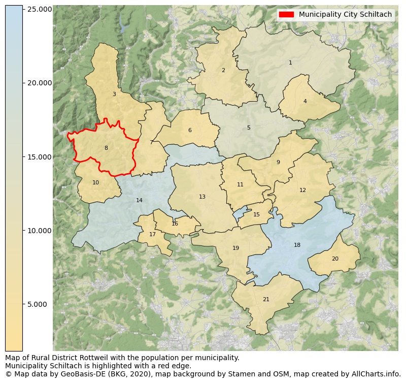 Map of Rural district Rottweil with the population per municipality.Municipality Schiltach is highlighted with a red edge.. This page shows a lot of information about residents (such as the distribution by age groups, family composition, gender, native or German with an immigration background, ...), homes (numbers, types, price development, use, type of property, ...) and more (car ownership, energy consumption, ...) based on open data from the German Federal Agency for Cartography, the Federal Statistical Office (DESTATIS), the Regional Statistical Offices and various other sources!
