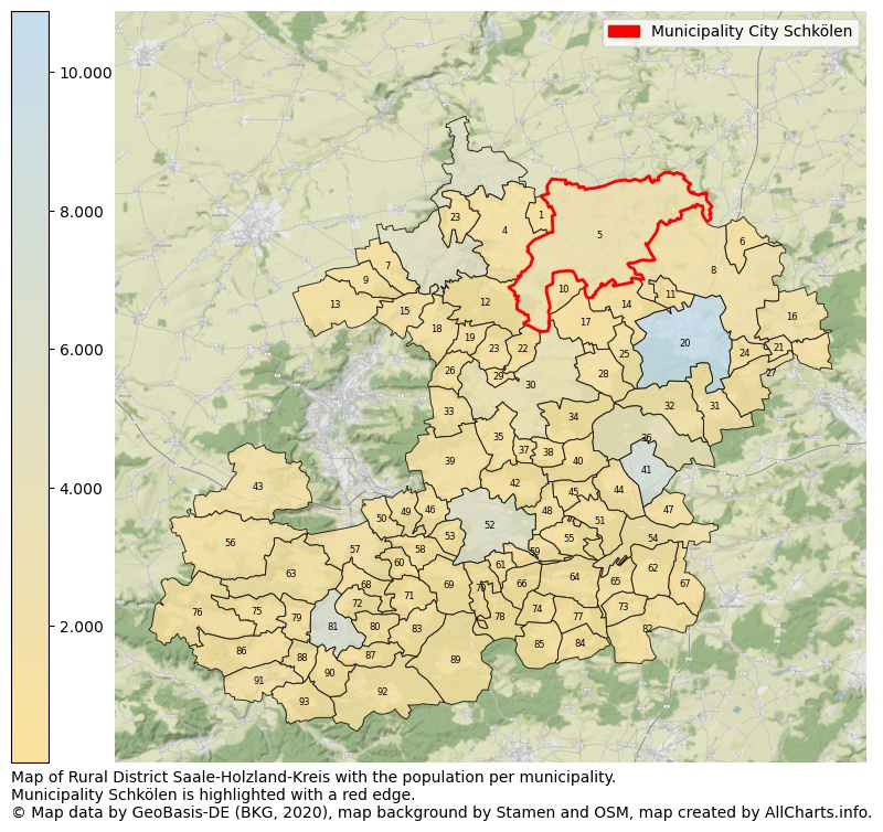 Map of Rural district Saale-Holzland-Kreis with the population per municipality.Municipality Schkölen is highlighted with a red edge.. This page shows a lot of information about residents (such as the distribution by age groups, family composition, gender, native or German with an immigration background, ...), homes (numbers, types, price development, use, type of property, ...) and more (car ownership, energy consumption, ...) based on open data from the German Federal Agency for Cartography, the Federal Statistical Office (DESTATIS), the Regional Statistical Offices and various other sources!