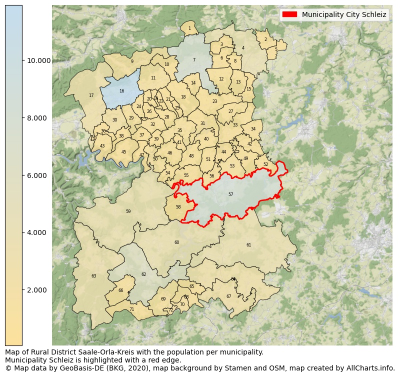 Map of Rural district Saale-Orla-Kreis with the population per municipality.Municipality Schleiz is highlighted with a red edge.. This page shows a lot of information about residents (such as the distribution by age groups, family composition, gender, native or German with an immigration background, ...), homes (numbers, types, price development, use, type of property, ...) and more (car ownership, energy consumption, ...) based on open data from the German Federal Agency for Cartography, the Federal Statistical Office (DESTATIS), the Regional Statistical Offices and various other sources!